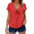 thumbnail image 6 of Tweang Gauze Shirts for Women Cotton Linen Embroidered Tops Lapel Long Blouses Tops Loose Fit Tunic Half Sleeve Casual Blouses Oversized Button Down Shirts for Women Loose Gauze Tunics Red 2XL, 6 of 8
