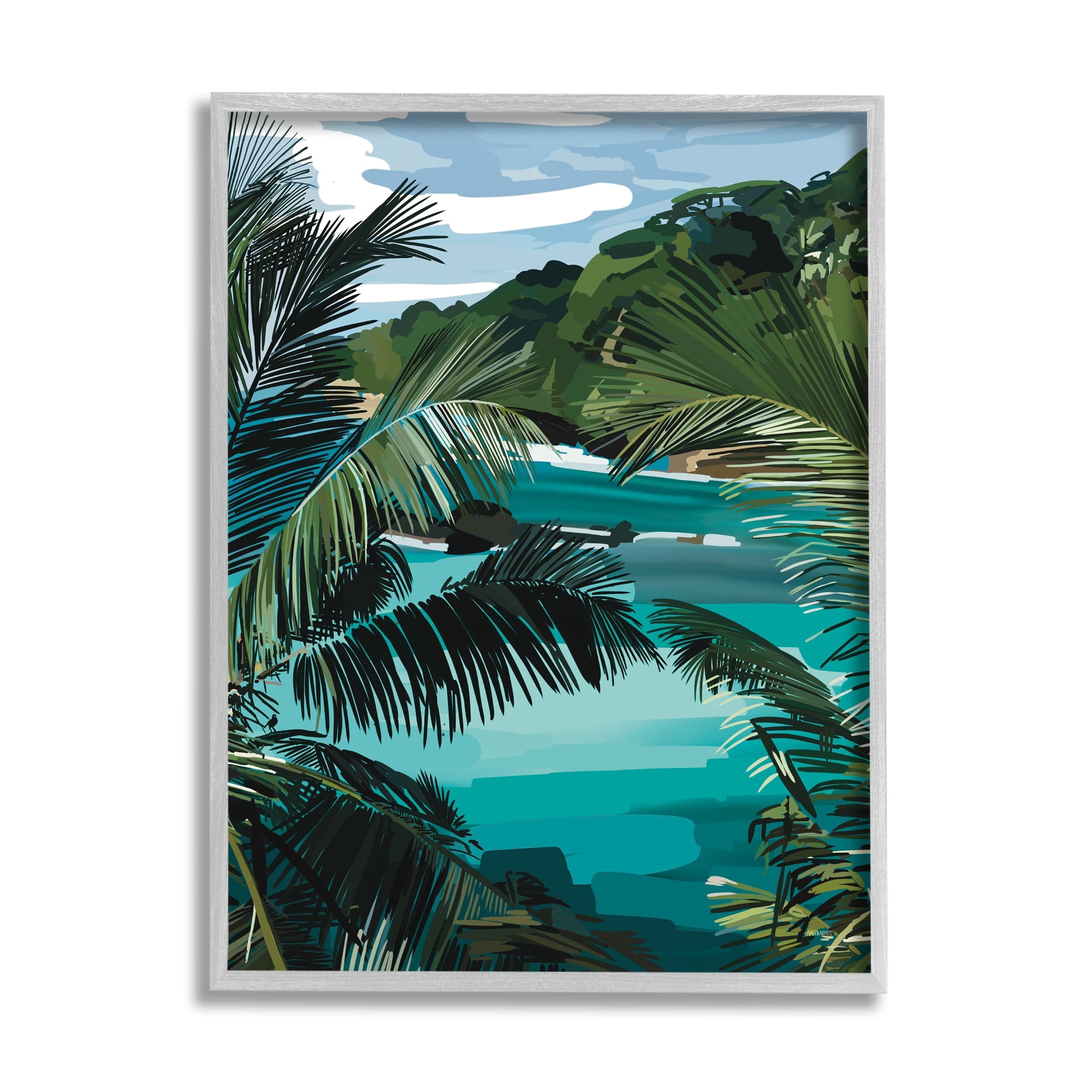 Stupell Industries Tropical Ocean Inlet Lush Palm Tree Hills Graphic Art Gray Framed Art Print Wall Art, Design by Amelia Noyes