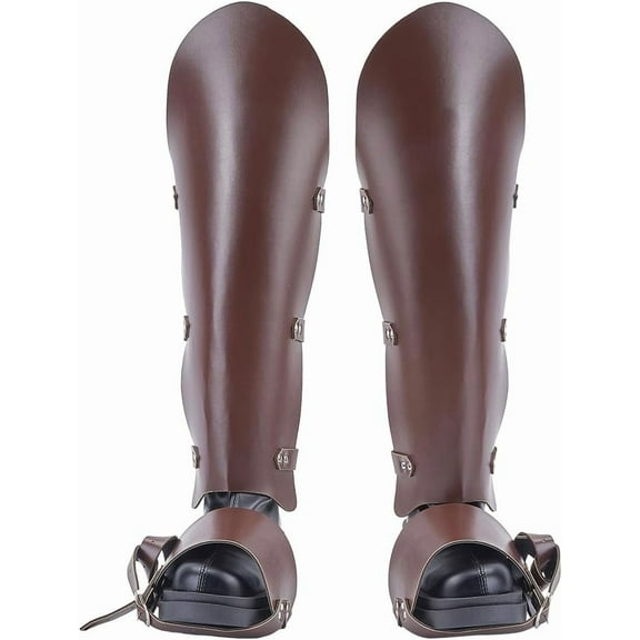 1set 2PCS Medieval Pirate Covers Renaissance Leg Guards Gaiters Coconut Brown Leather Steampunk Adjustable Belt Buckle Boots Armor Leg Wraps for LARP Knight Cosplay