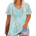 thumbnail image 2 of Qiopertar Plus Size V-Neck T-Shirts for Women Casual Summer Short Sleeve Solid Color Printing Basic Comfy Loose Fit Tops, Light Blue 3XL, 2 of 4