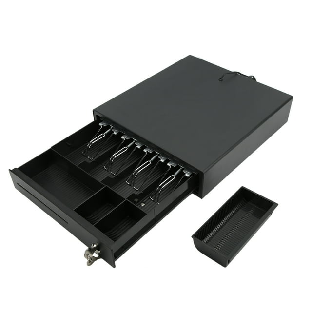 Cash Register Box 3 Coin Tray 4 Bill 3 Level Lock Black DC 12‑24V with 2 Keys for Supermarket Commerce