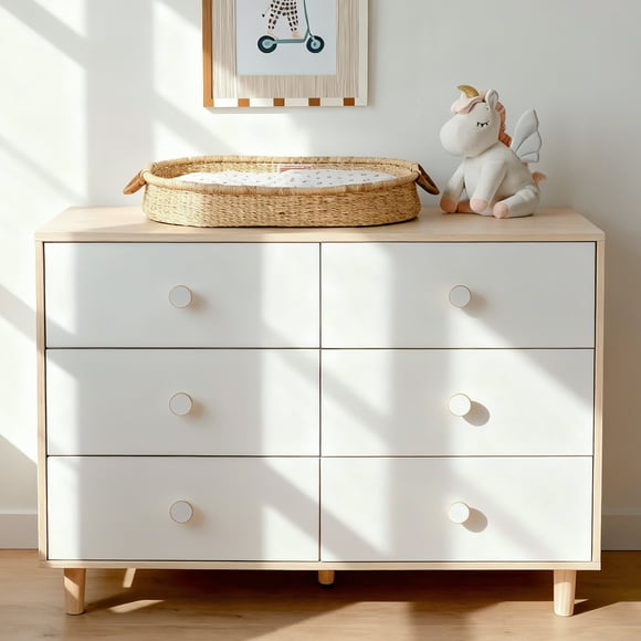 White Dresser for Bedroom – Modern 6 Drawer Wood Dresser, Bedroom Dressers with Drawers, Elegant Chest of Drawers for Clothes Storage, Solid Wood Legs, White