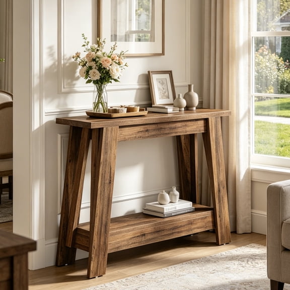 Fnova 41.3" Farmhouse Console Table, 2-Tier Wooden Entryway Table with Storage Shelf, Wood Sofa Table for Living Room, Hallway, Foyer