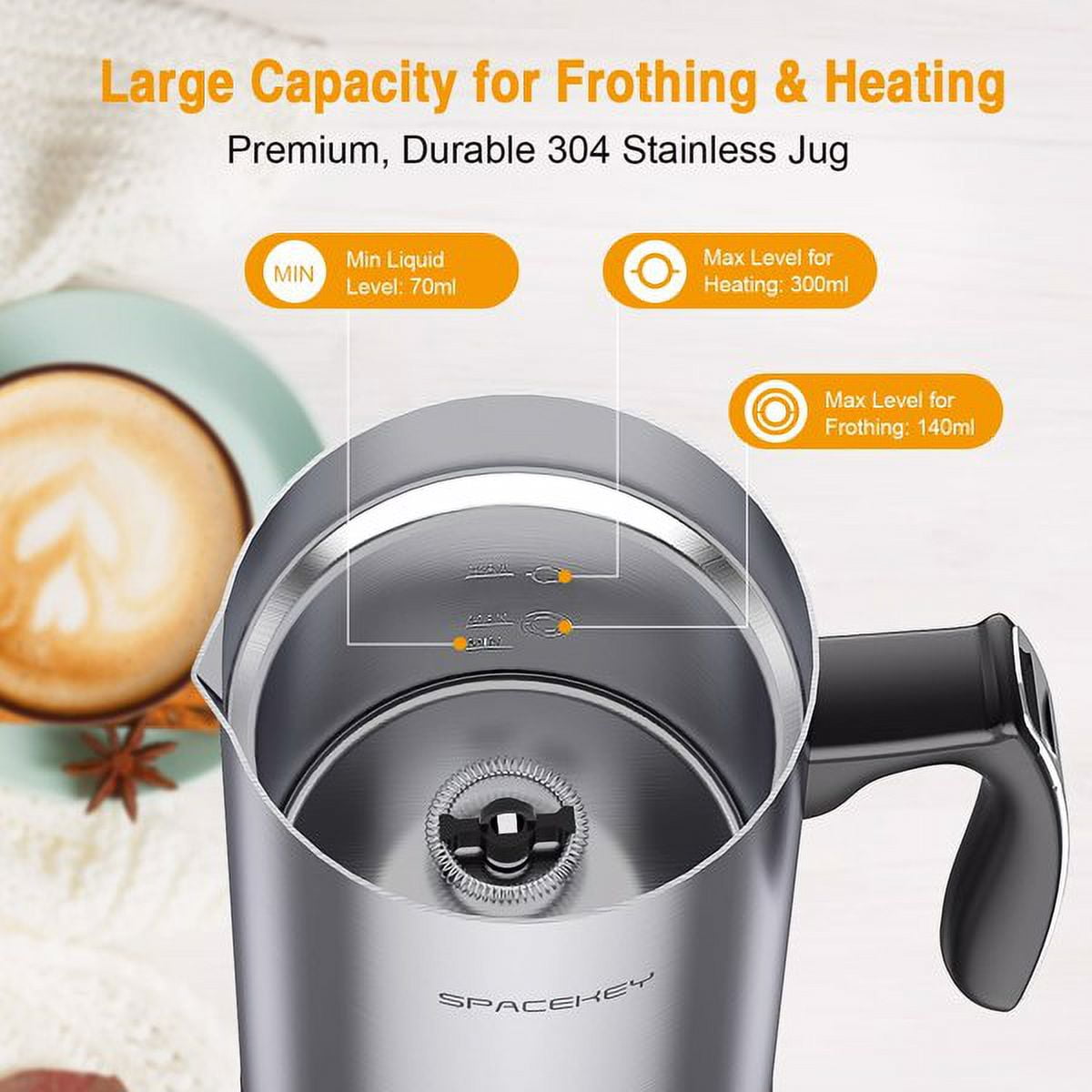 Spacekey 4-in-1 Automatic Milk Frother and Steamer: Electric Hot