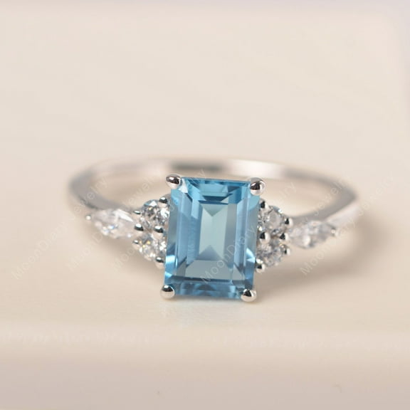 Real Swiss blue topaz ring solid emerald cut light blue gemstone November birthstone engagement ring