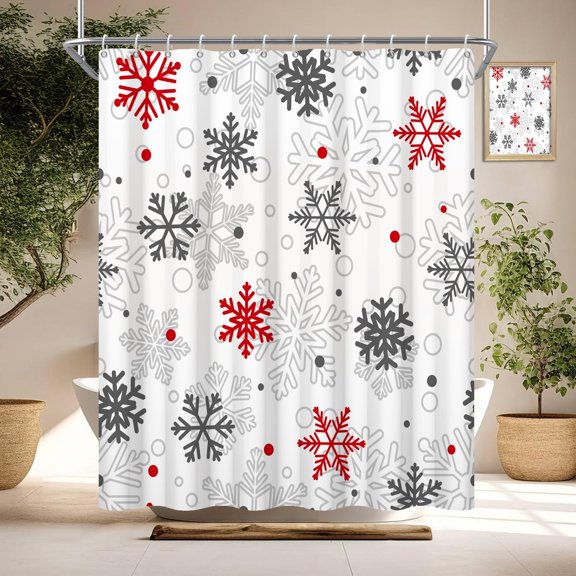 Christmas Shower Curtain Winter Snowflake Shower Curtains Red Grey White Abstract Geometry Shower Curtain Sets Fabric Bathroom Curtain 72x84 in with 12 Hooks