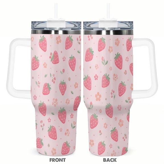 40oz Strawberry Floral Tumbler with Handle and Straw Cute Pink Fruit Flower Stainless Steel Insulated Travel Coffee Cup Gift for Women