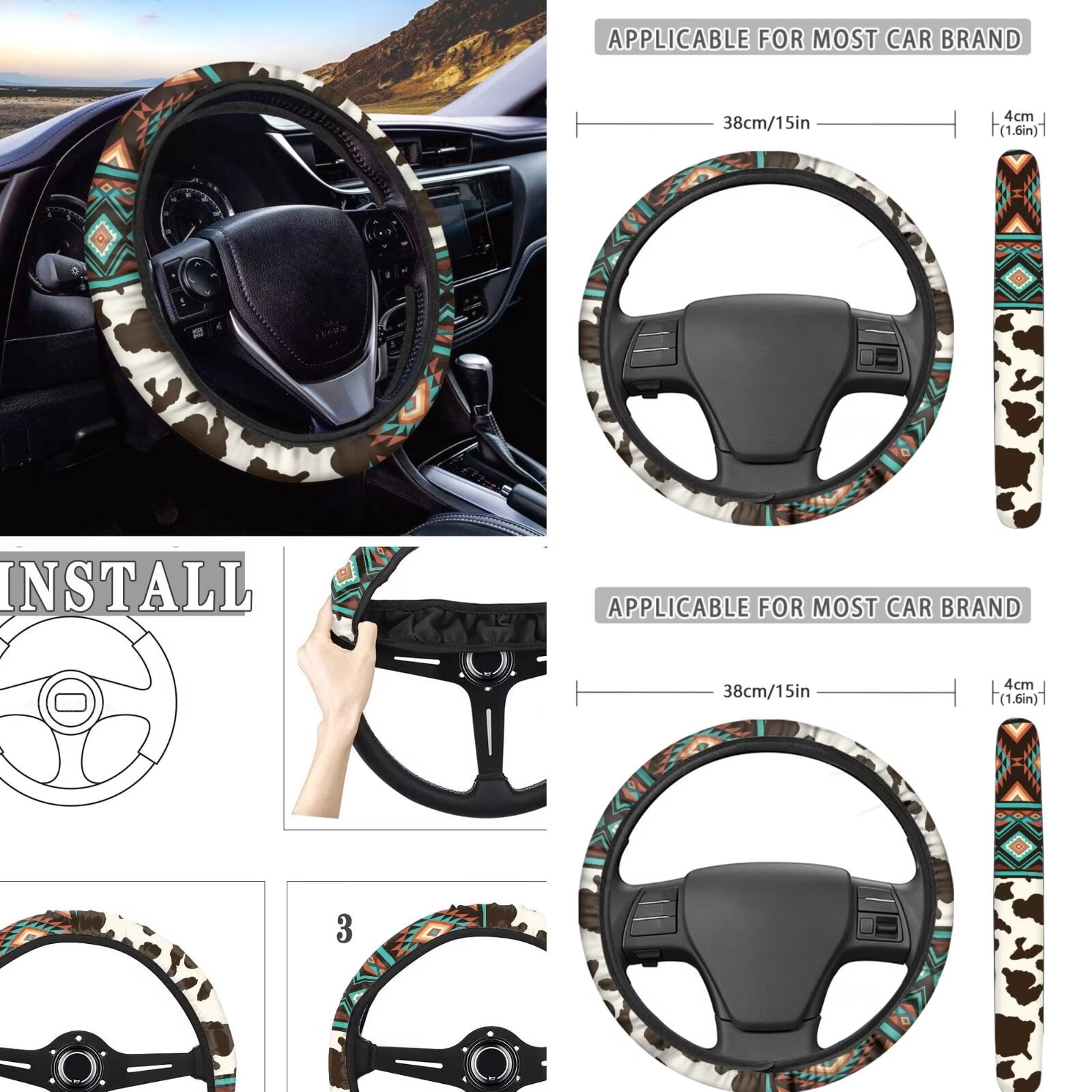 KUIFORTI Cow Print Auto Seat Covers for Women Native American Tribal Car Seat Protector Interior Set with Steering Wheel Cover +Coasters+Keychain+Interior Mirror Cover+Chapstick Holder+Car Trash Bag