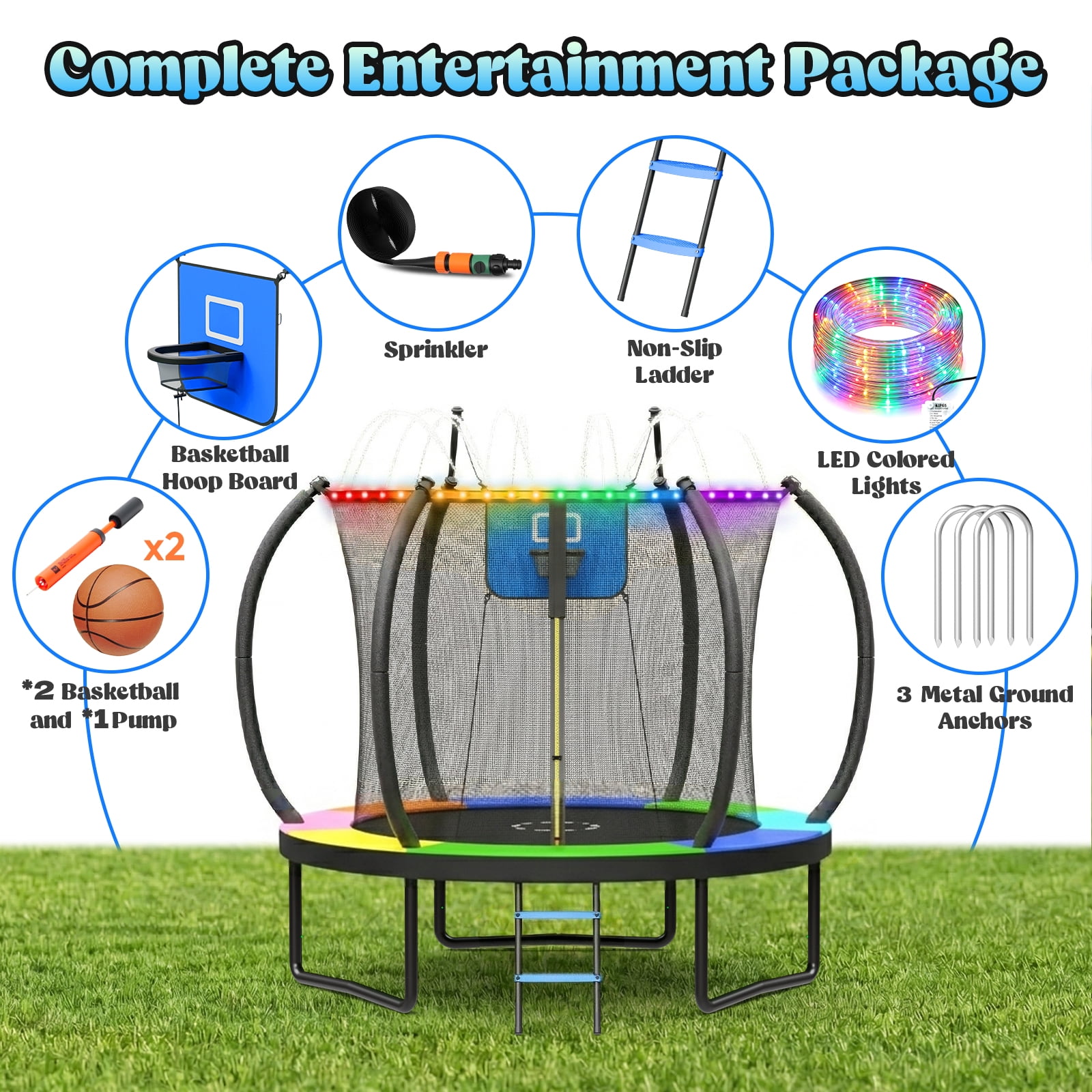 Outdoor Trampoline,Fashionsport Outfitters 8FT Round Jumping Trampoline with Ladder,String light,Sprinkler,Basketball Hoop Board,Recreational Backyard Trampolines Anti-Rust for Kids Gift