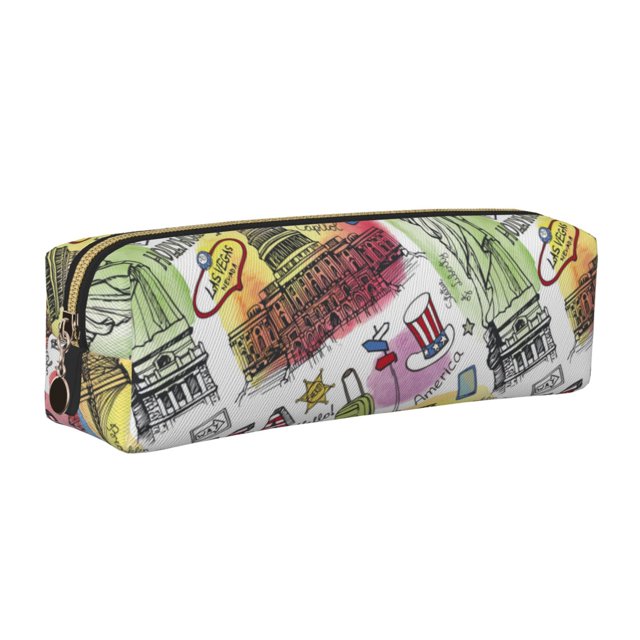 Easygdp America Landmarks1 para Estuche de Lápices de Cuero, Estuche de Papelería de Cuero, Estuche de Gran Capacidad con Cremallera
