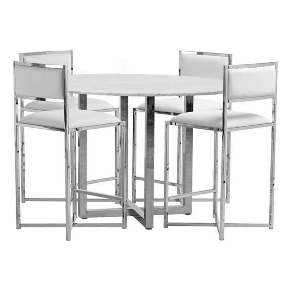 Modus Amalfi 5PC 48" Round Counter Marble Tbl & 4 X-Base Stool Set-White