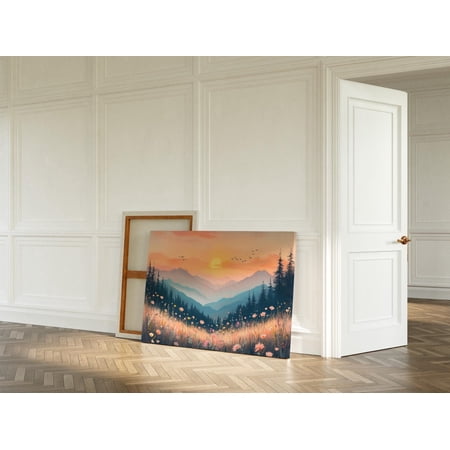 Golden Sunrise Over Serene Mountain Valley Wall Art - Peaceful Landscape With Wildflowers Wall Art, Modern Wall Decor, 8x12 UNFRAMED