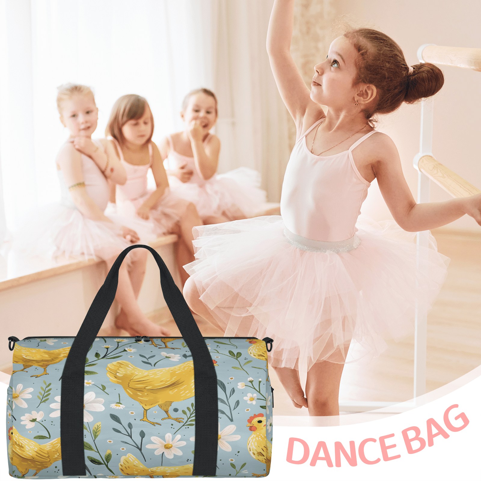 Herdesigns Chicken Travel Duffle Bag Sports Yoga Weekender Overnight Carry on Workout Bags Lightweight Waterproof Gym Tote Bag for Women Flower