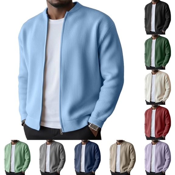 Mens Full Zip Cardigan Sweater Casual Mock Neck Ribbed Knitted Winter Chunky Sweaters, S
