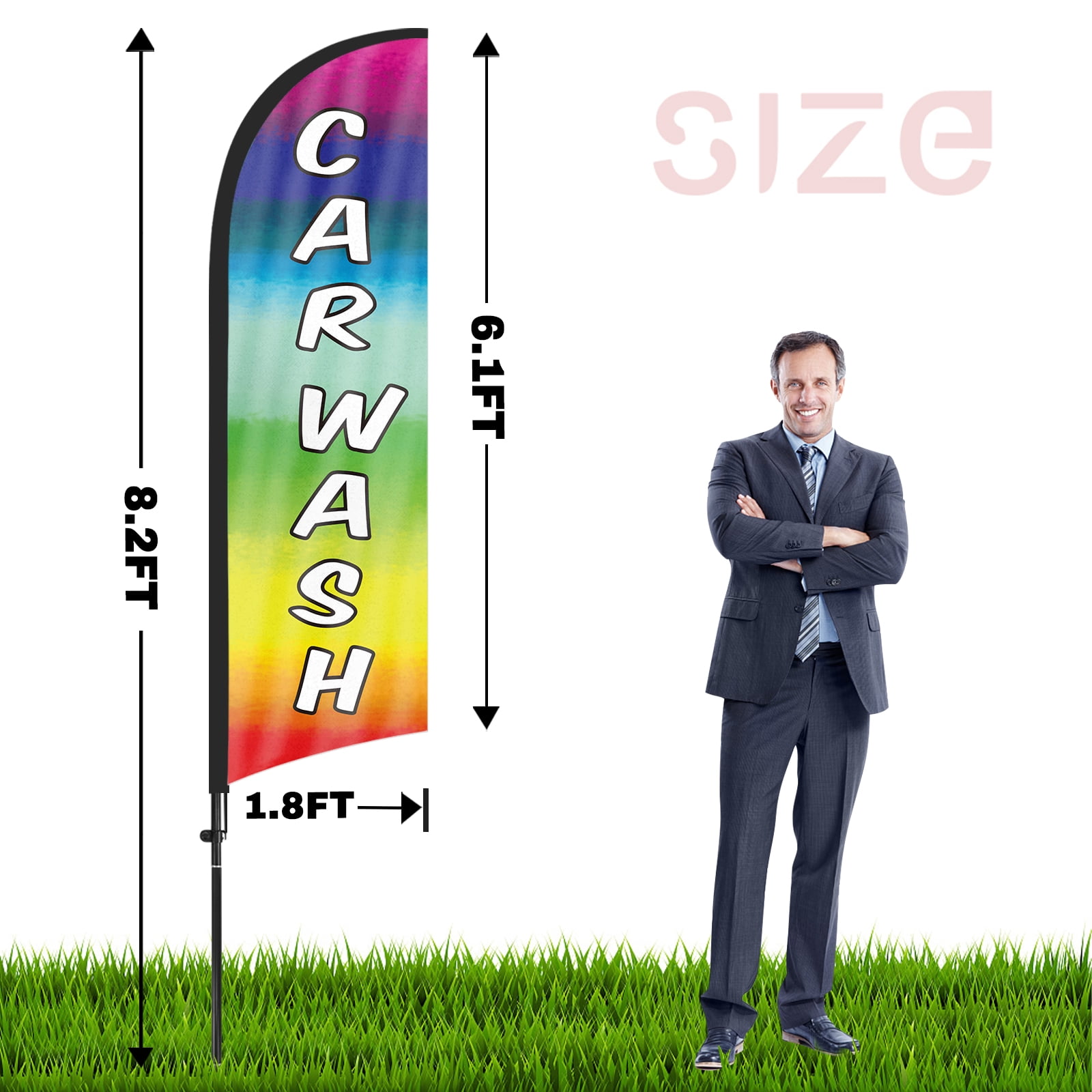 QSUM Car Wash Feather Flag with Flag Pole Kit and Ground Spike, 8.2FT Car Wash Windless Flag Banner Sign Business for Outdoor Advertising Sign Decoration Display