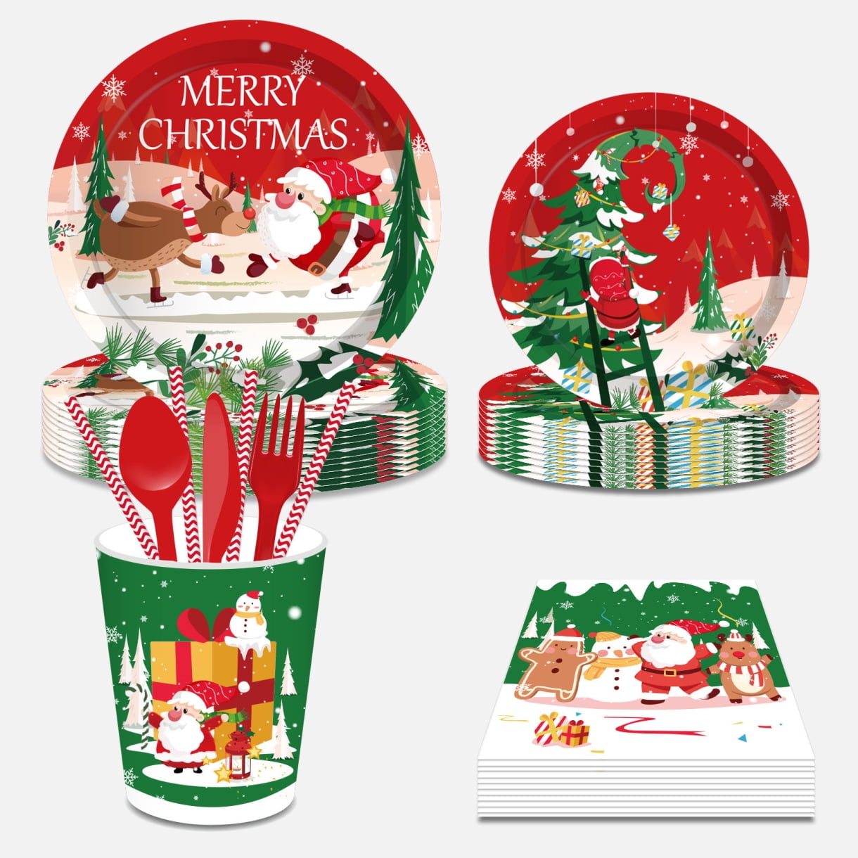LIMYIOM Christmas Paper Plates and Napkins Sets - Christmas Party Plates Disposable, Christmas Napkins and Window Stickers - for Christmas Party