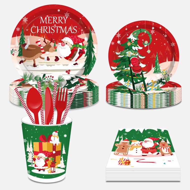 Traditional Christmas Tableware Pack: Disposable Paper Plates, Napkins and  Cups Set for 20