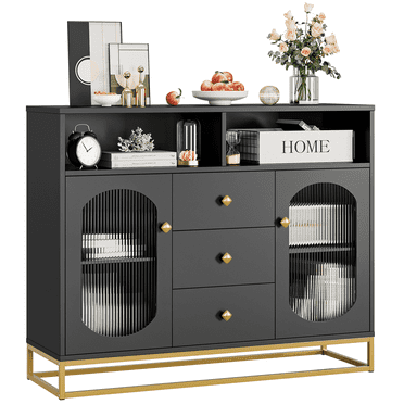 Homfa Sideboard Buffet, 3 Drawers Accent Cabinet with Open Shelf & Glass Doors, Black