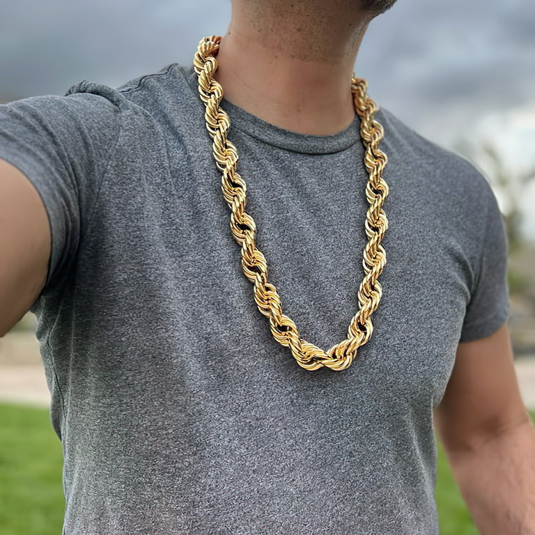 Mens 14k Gold Plated Hollow Rope Necklace 1980's Retro Hip Hop Big