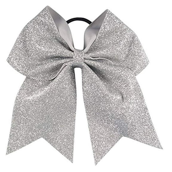 Glitter Cheer Bows - Cheerleading Softball Gifts for Girls and Women Team Bow with Ponytail Holder Complete your Cheerleader Outfit Uniform Strong Hair Ties Bands Elastics by (1) (Silver)