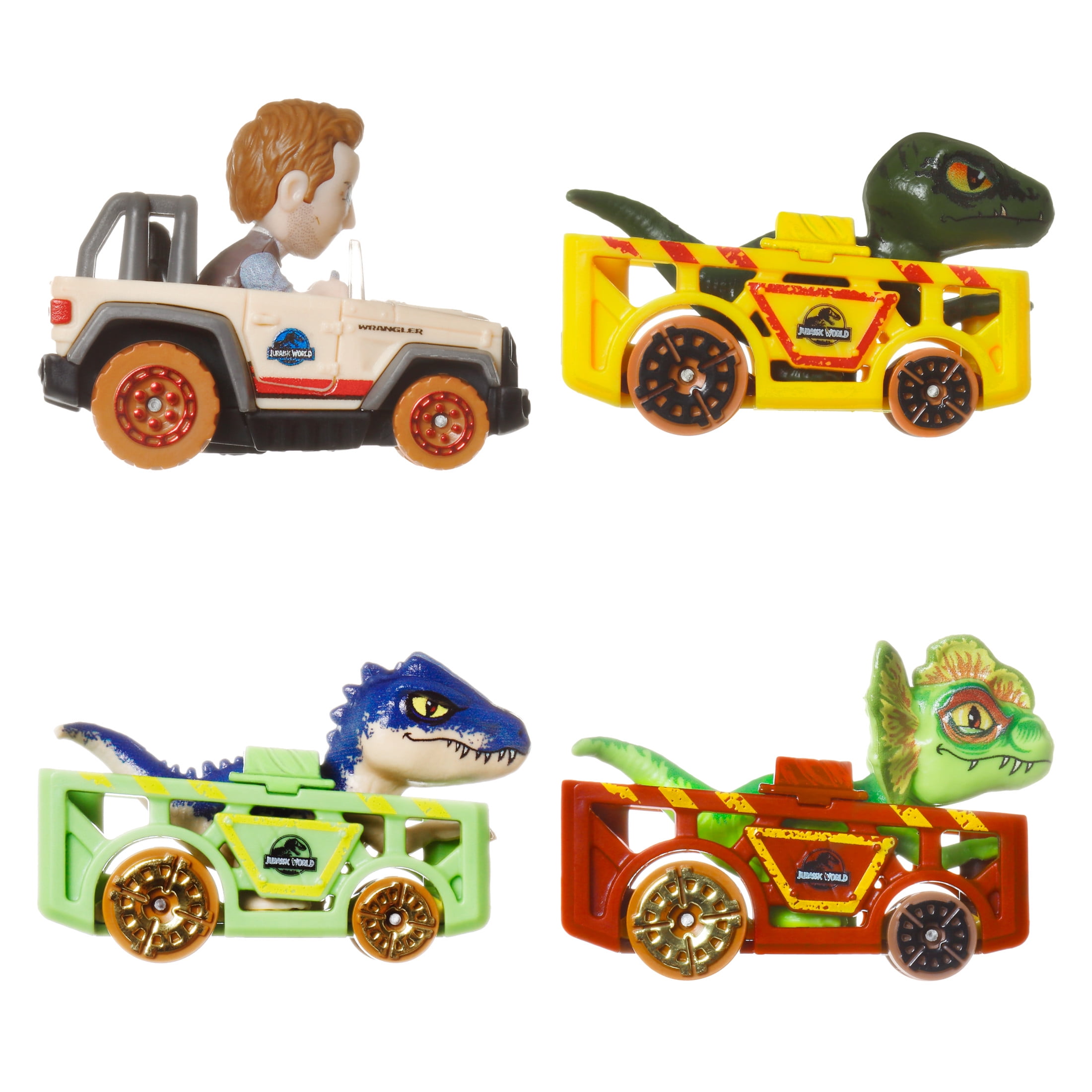 Hot Wheels RacerVerse, Set of 4 Car & Truck Play Vehicles with Jurassic World Characters as Drivers