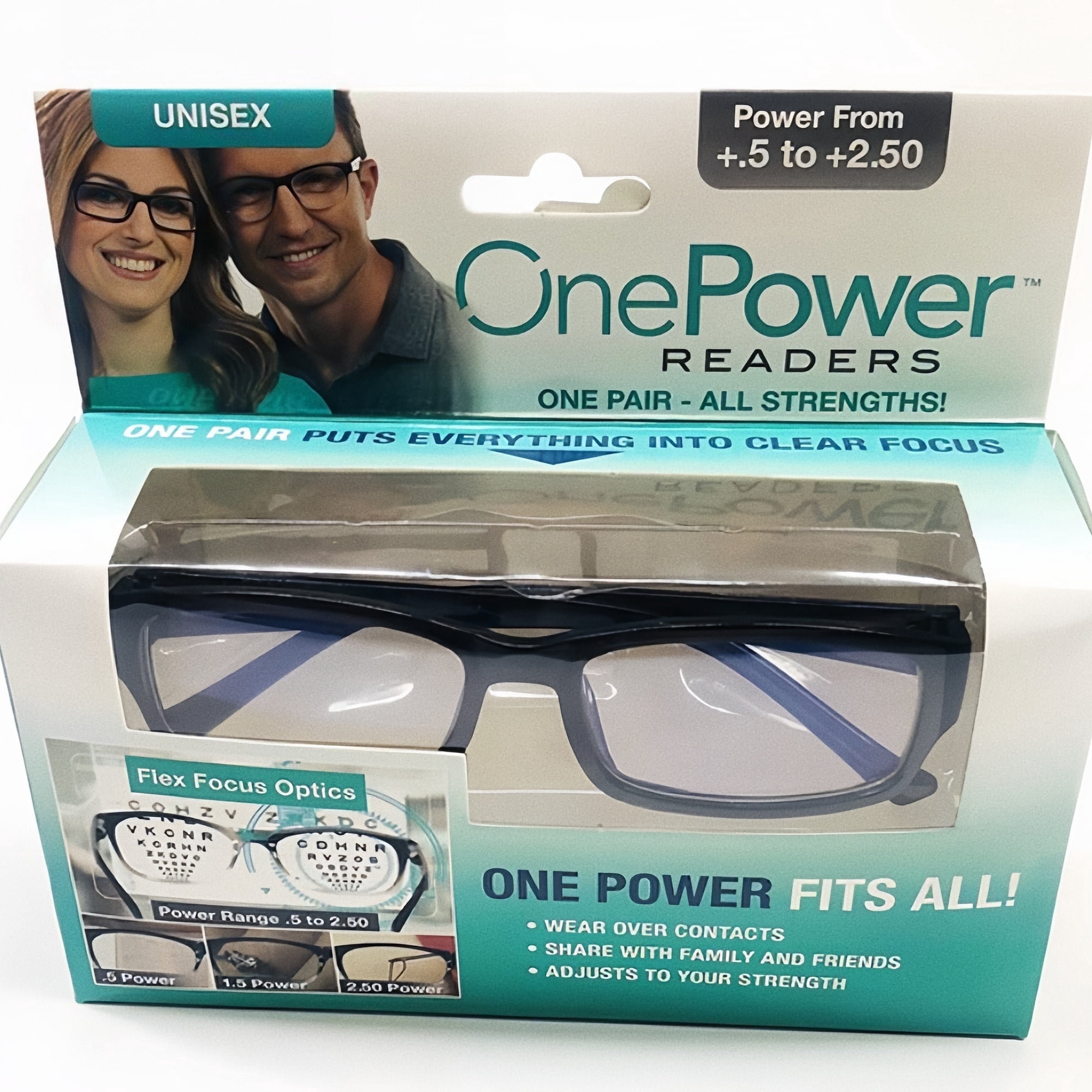 One Power Auto-Focus Reading Glasses Unisex - Flex Focus Lens (+0.5 to +2.5), Lightweight Frame, Over Contacts, All-in-One Readers