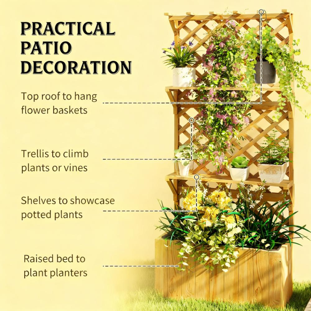 Raised Garden Bed, Wooden Planter with Trellis, Hanging Roof, Plant Shelf, Drainage Holes and Bed Liner