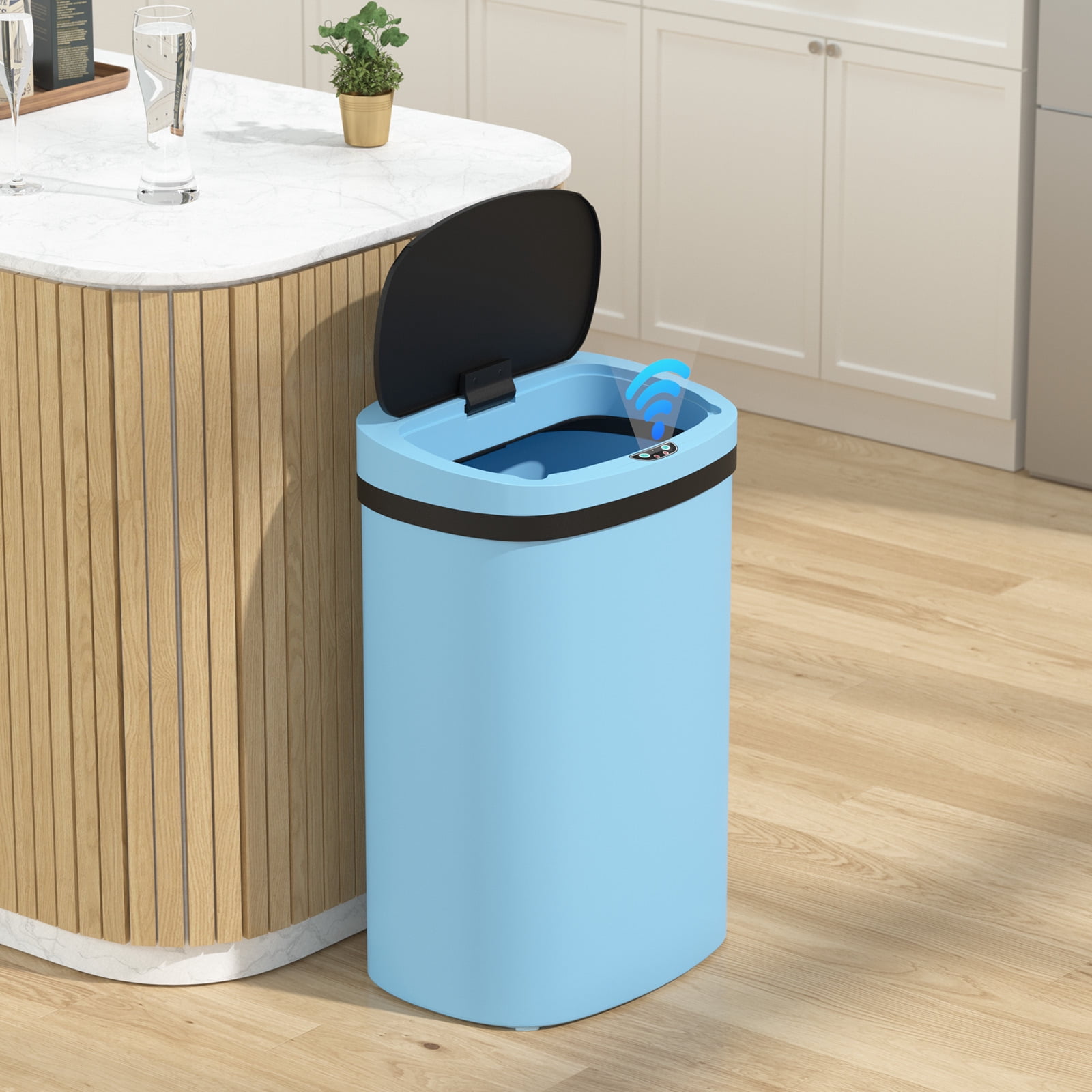 CL.HPAHKL 13 Gallon Automatic Trash Can with Lid, Kitchen Plastic Garbage Can, Blue