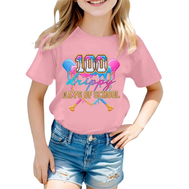 Rhuody Hauts pour Filles T-Shirt à Col Rond Imprimés de Dessins Animés T-Shirt Manches Courtes Hauts Rétro Fille Hauts d'Été 3-4 Ans Rose