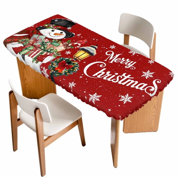 Red Snowman Christmas Table Cloths for 3 Foot Rectangle Tables, Xmas Snowflake Botanical Patio Waterproof Elastic Fitted Tablecloths, Washable Rectangular Table Cover for Camping