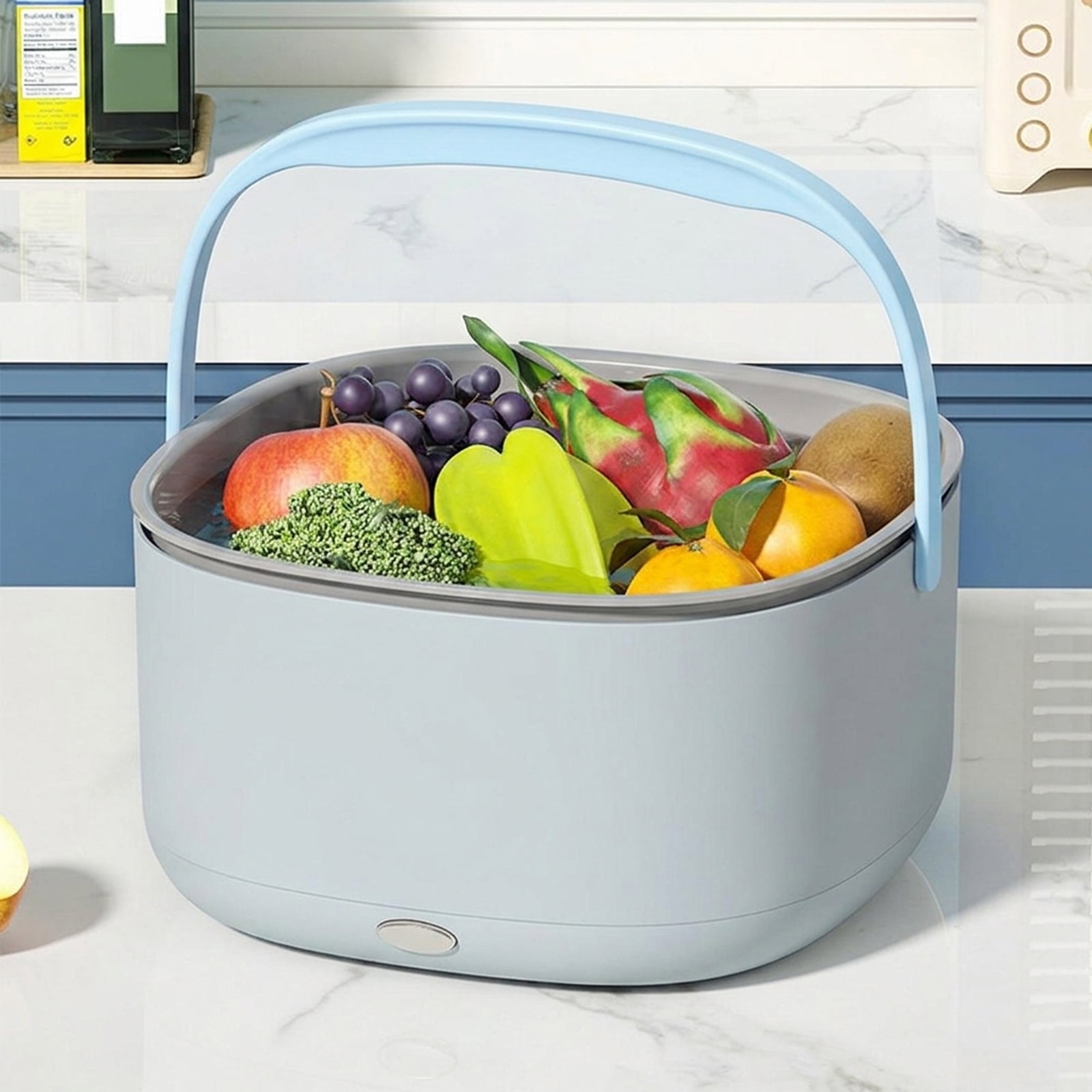 Fruit Washer and Produce Cleaner Device,Self Spinning Berry Washing Bowl with 2-Tier Drain Basket Strainer,Countertop Fruit and Vegetable Washing Machine for Grapes, Strawberries