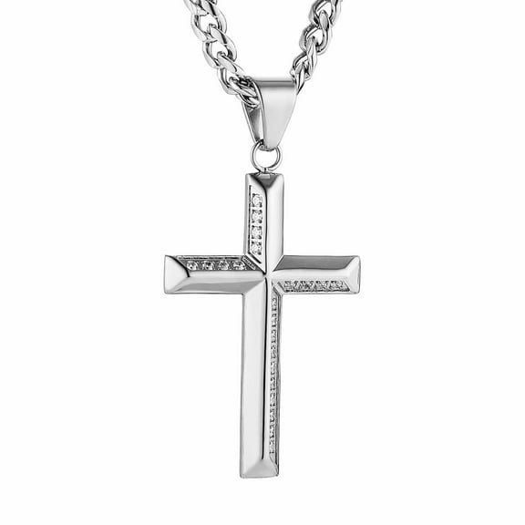 HZMAN Silver Cross Necklace for Men Stainless Steel Cross with Cubic Zirconia Inlay Pendant Necklace with 5mm Cuban Chain 24Inch