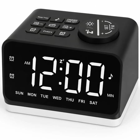 Digital Alarm Clock with FM Radio for Bedroom, 8 Colors Night Light with 2 Charging Port, Sleep Sound Machines with Timer, Dual Alarm, Loud Alarm and Easy to Use for Seniors and Kids