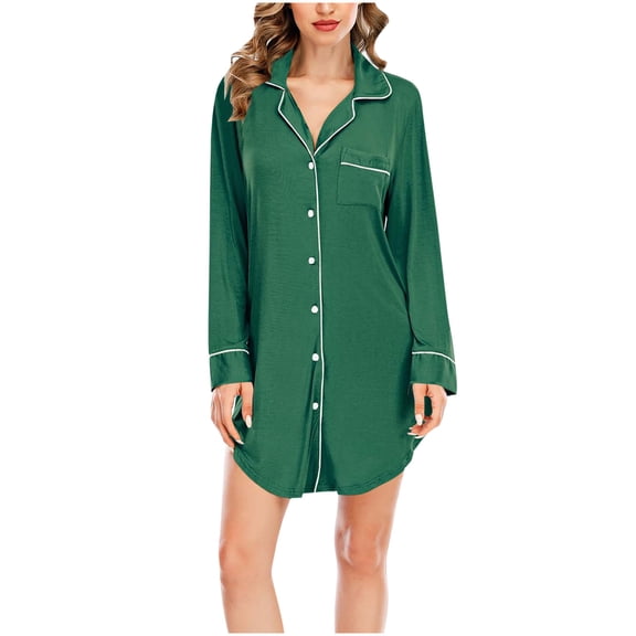 Riecok Women's Nightgown Long Sleeve Solid Color Button down Sleepshirts Lightweight Comfortable Sleepwear with Pockets