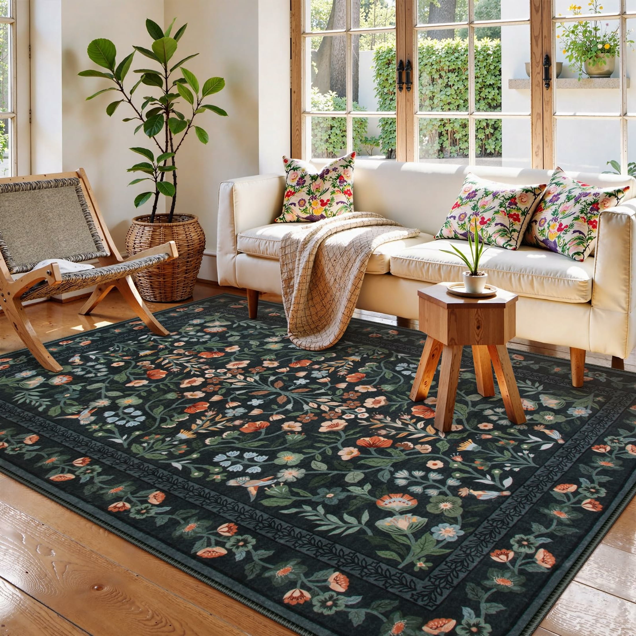 Moynesa 5'x7' Floral Area Rugs for Living Room, Washable Vintage Botanical Rugs for Bedroom, Soft Non Slip Cottagecore Flower Accent Carpet for Dining Room Dorm Apartmen, Black