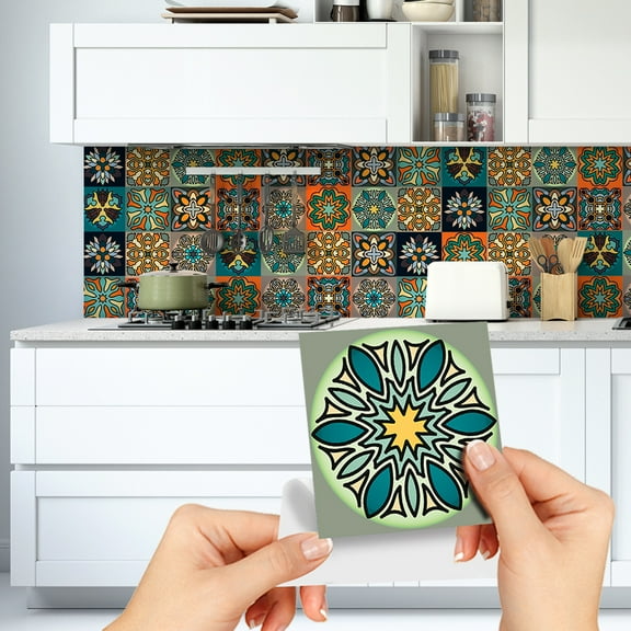 Mandala Style 9 Pcs Decorative Tile Stickers, Peel and Stick Self Adhesive Removable Moroccan Tiles Backsplash Waterproof Kitchen Bathroom Furniture Staircase Home Decor