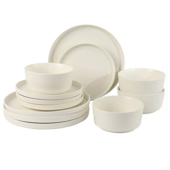 Gibson Home Dempsey Road 12-Piece Stoneware Dinnerware Set – Service for 4, Round White Plates and Bowls, Durable Solid Color Modern Embossed Dish Set, Microwave & Dishwasher Safe