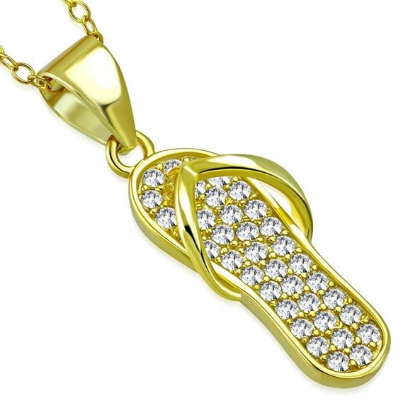 925 Sterling Silver Yellow Gold-Tone CZ Womens Flip-Flop Slipper Pendant Necklace