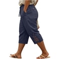 thumbnail image 2 of Womens Plus Size Capris Pull on, Lightweight Cotton 3/4 Pants with Pockets, Drawstring Elastic Waist Solid Color Capri Joggers for Women for Hot Summer | TruHer,Navy 2XL, 2 of 6
