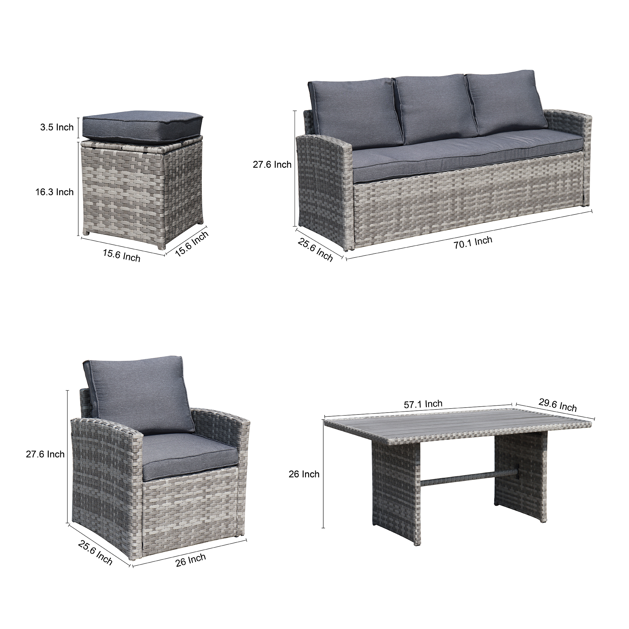 Patio Wicker Sofa Sets, 6 Piece Sectional Furniture Set with Dining Table, All Weather Rattan Furniture Set, Outdoor Conversation Chairs Set with Cushions, for Poolside, Backyard, Deck, D8177 - image 3 of 12