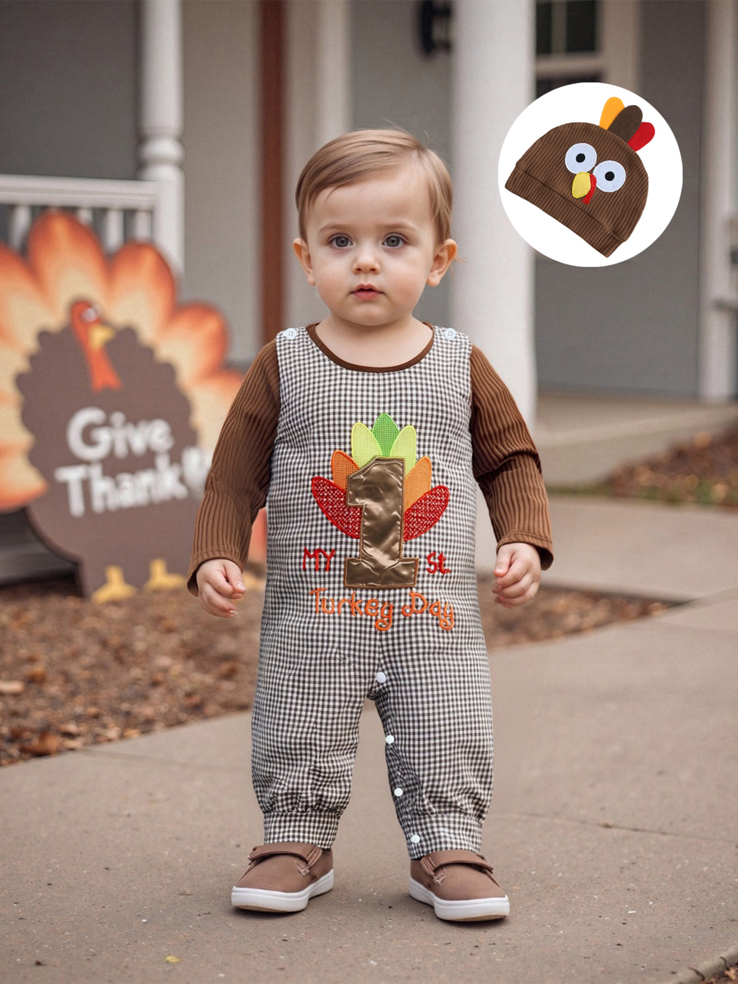 Combinaison Bébé Garçon - Motif Dinde Thanksgiving à Carreaux, Manches Longues, Coton Doux
