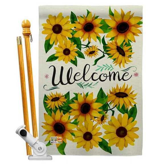 Breeze Decor BD-FL-HS-104091-IP-BO-D-US17-BD 28 x 40 in. Welcome Sunflowers Bouquet Spring Floral Impressions Decorative Vertical Double Sided House Flag Set with Pole Bracket & Hardware
