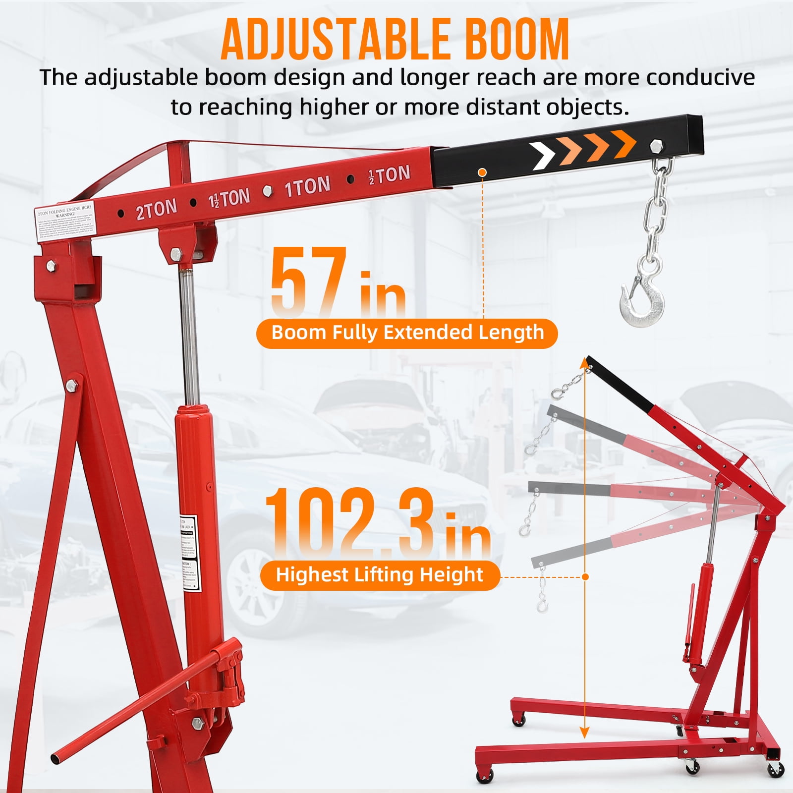 Mescukay 4400LBS Folding Engine Crane 2 Ton Engine Hoist Cherry Picker Hydraulic Shop Engine Shop Crane, Heavy Duty Engine Lift Garage Workshop Auto Repair Foldable Stand with 6 Caster