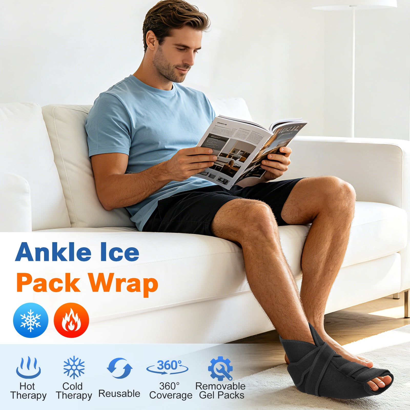 Ice Pack Wrap with 4 Gel Packs, Cold Pack Waps 360° Solid Gel Cooling Compression, Reusable Ice Packs for Foot Muscle Relaxation and Comfort, for Achilles Tendonitis Sprained Ankles & Heels, Black