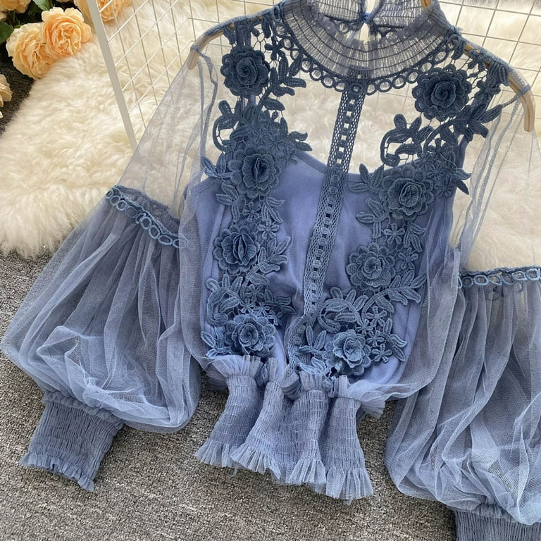 Women Cottagecore 3D Flower Blouse Bell Long Sleeve Sheer Lace