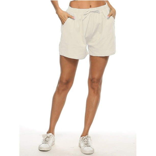 S-3XL Women Solid Color Beach Shorts Casual Cotton Linen Short Pants Summer  Drawstring Waist Sport Workout Shorts Plus Size 