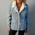 thumbnail image 2 of Miluxas Women Oversized Denim Coat Winter Thick Warm Fleece Lined Lapel Long Sleeve Denim Jacket with Pockets Light Blue XS, 2 of 7