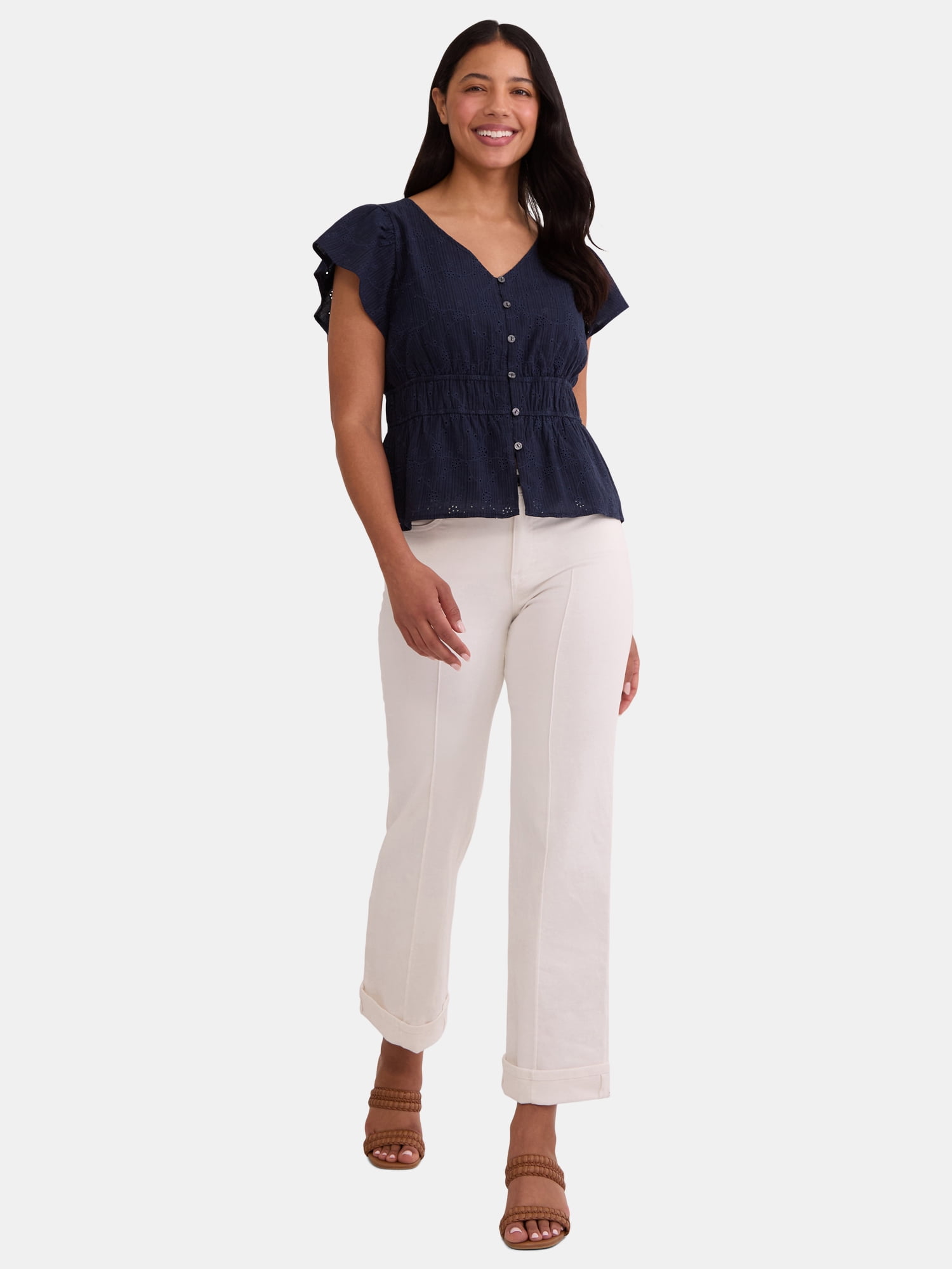 Time and Tru Women's Eyelet Peplum Top, Sizes XS-XXXL