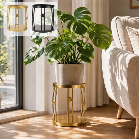 FEOLGEHLY Wrought Iron Plant Stand Flower Pot Holder Decorative Display Shelf 2-Tier Plant Rack Iron Shelf for Balcony Living Room Floor Standing European Openwork 32x30cm Black/Gold (Gold)