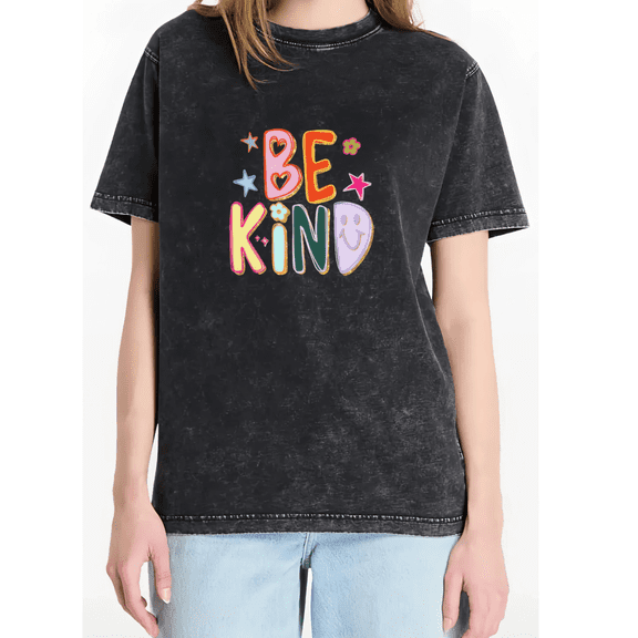 Black Mineral Wash Be Kind Colorful Doodle Graphic Tees Print Tshirt Shirts Kindness Positive Lover Tops S-2XL